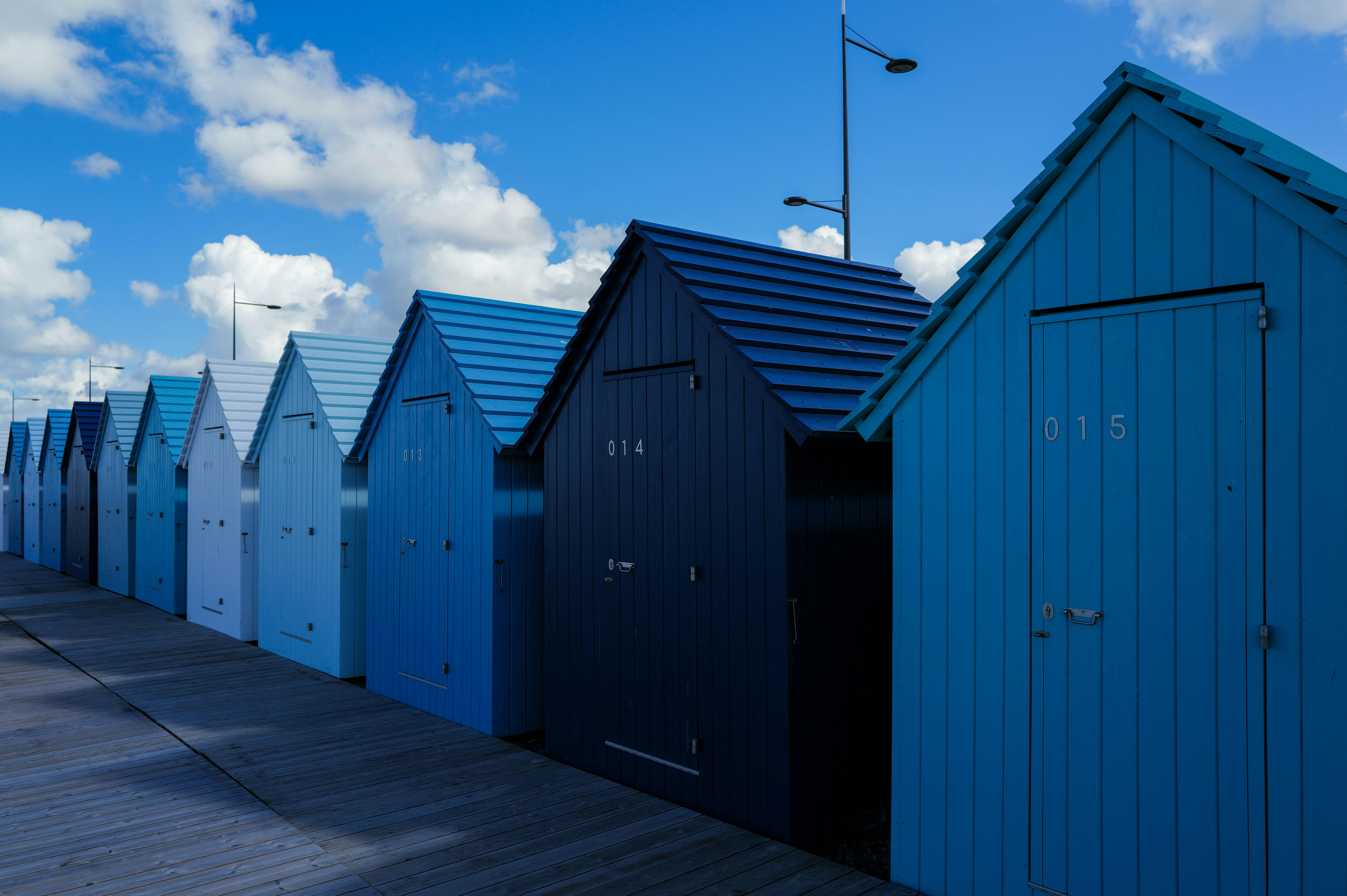 Blue cabins at a beach